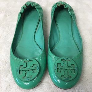 Tory Burch Women's Green Patent Leather Round Toe Flat Shoes Size
